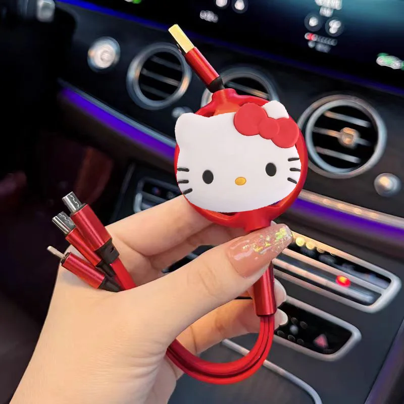 Sanrio Hello Kitty 3 In 1 접이식 USB 케이블 아이폰 화웨이용 고속 충전 데이터 코드 멀티 포트 다중 충전 와이어