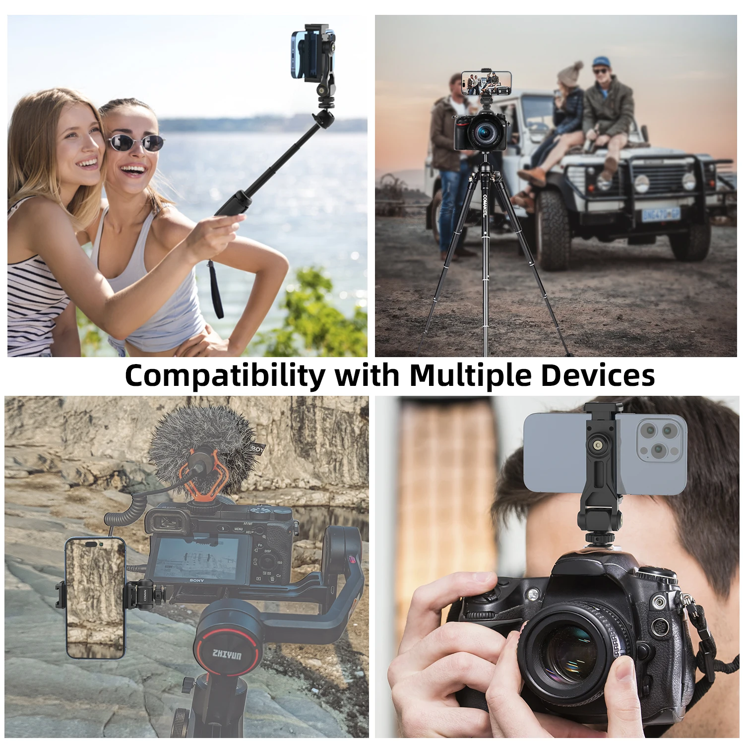 COMAN EX380 Phone Tripod Mount Holder Stand Adapter For Smartphone Adapter With 2 Cold Shoe 1/4" Screw Mount For Fill Light Mic
