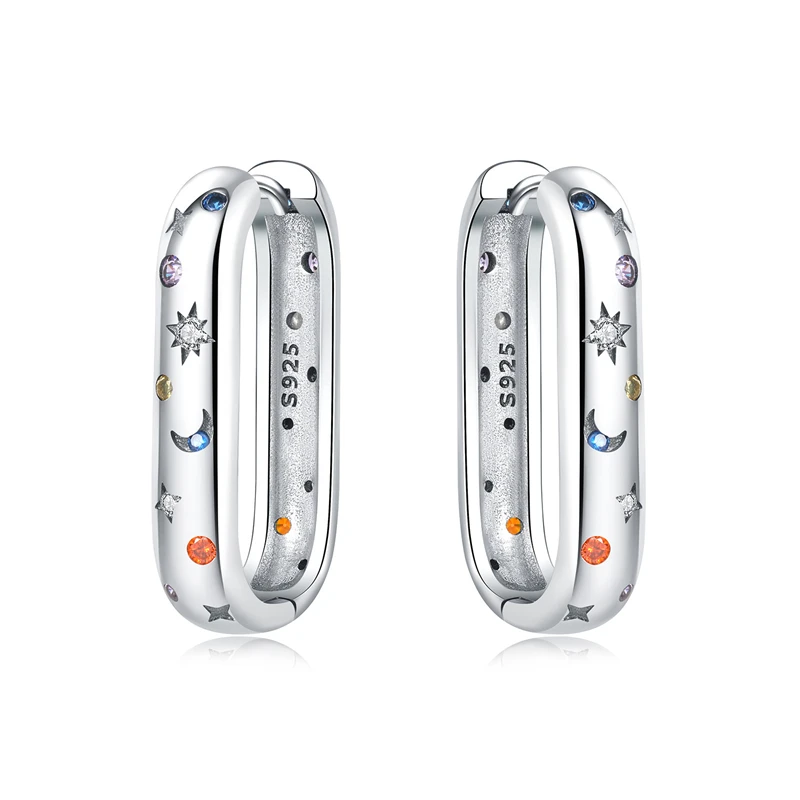 Echte Creolen aus 925er-Sterlingsilber, bunter Zirkon, helle Sternenhimmel-Ohrringe für Damen, Verlobung, Hochzeit, Party, Silberschmuck – Detail 1