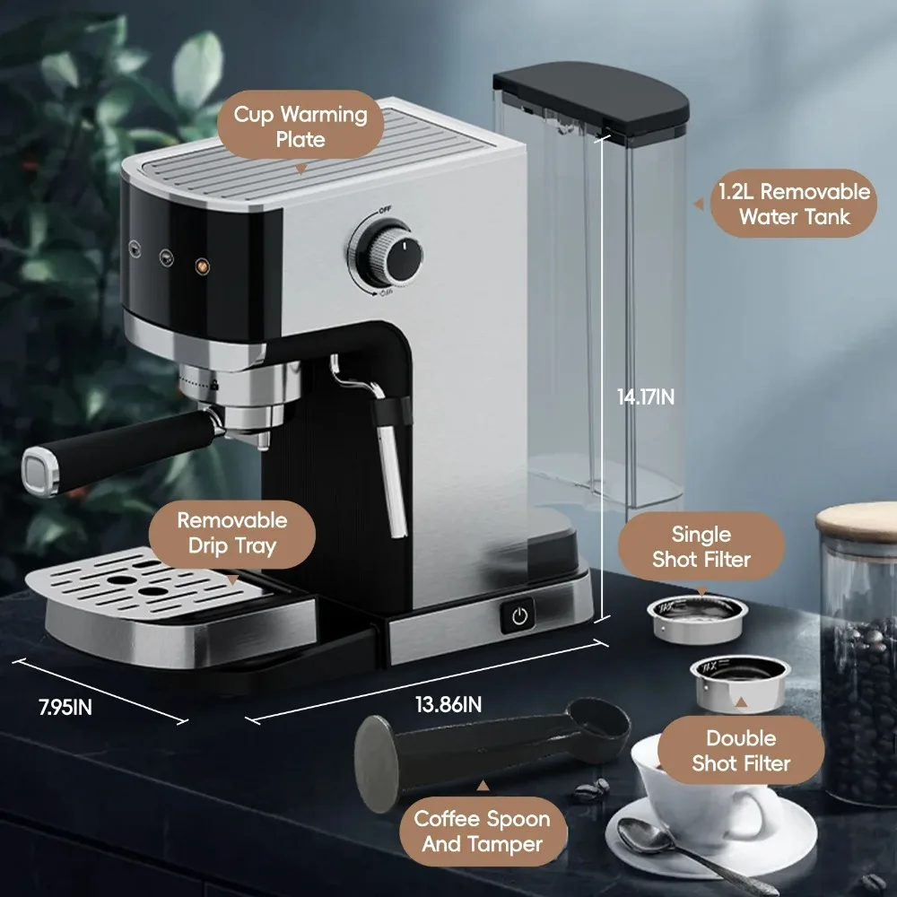 Machine 20 Bar，Espresso Coffee Maker with Milk Frother Steam Wand, Stainless Steel Coffee Machine 3