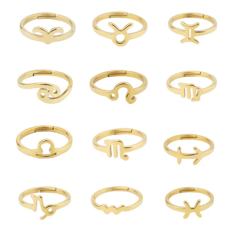 Stainless Steel 12 Constellation Adjustable Rings For Women Cancer Leo Virgo Libra Sign Ring Zodiac Star Pop Jewelry For Wedding