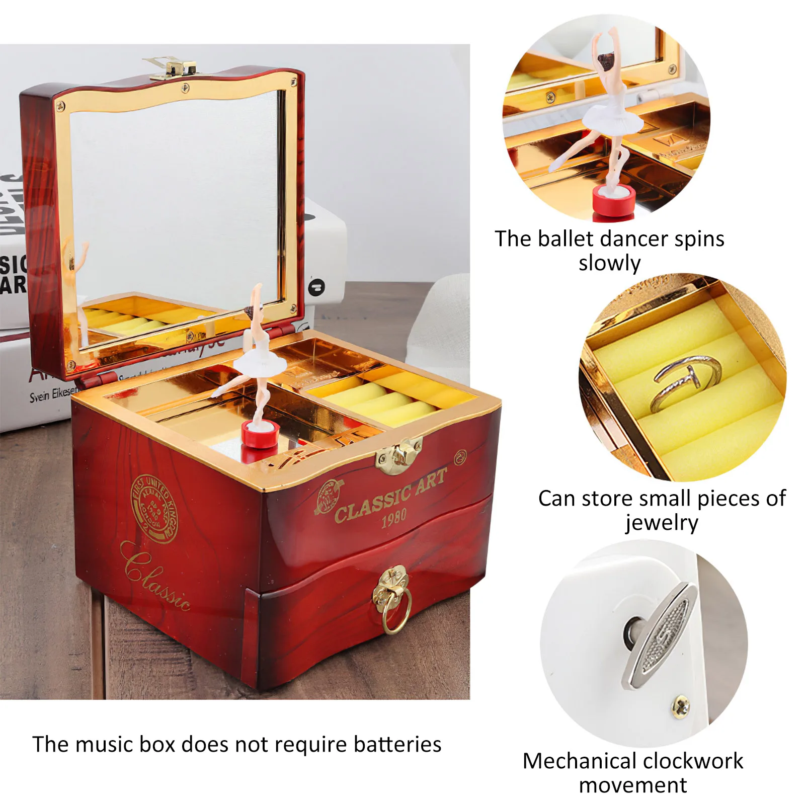 Dancing Ballerina Music Box For Kid Retro Craft Engraved Wooden Jewelry Storage Organizer With Mirror Great Gift For Birthday