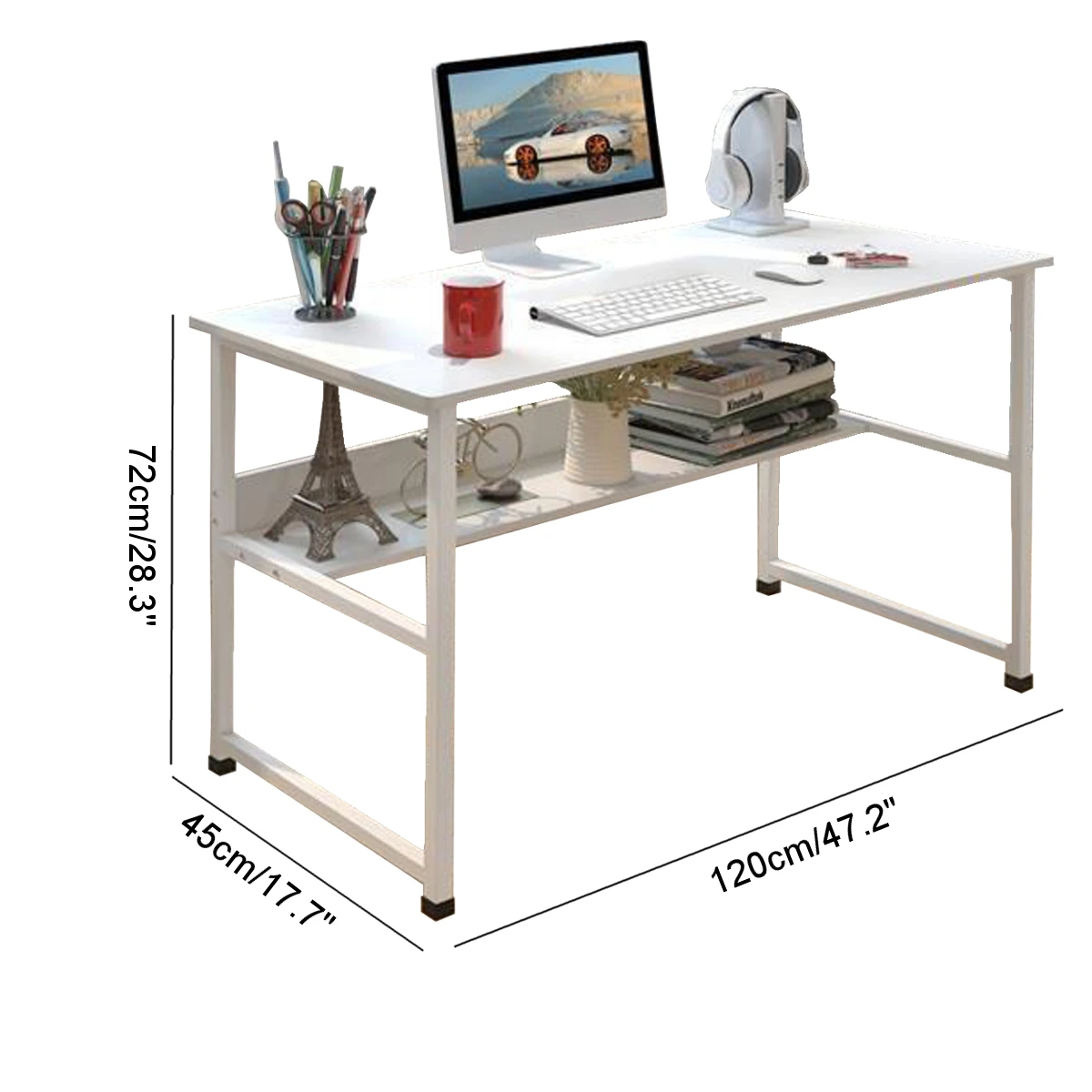Wooden Computer Desk With 2 Layers Storage Rack High Gloss Living Room Kitchen Dining Versatile White Modern Rectangle Table 6