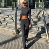 Hawthaw Women 2024 Spring Autumn Long Sleeve Crop Tops Long Pants Two Piece Matching Sets Outfits Streetwear Wholesale Items 2