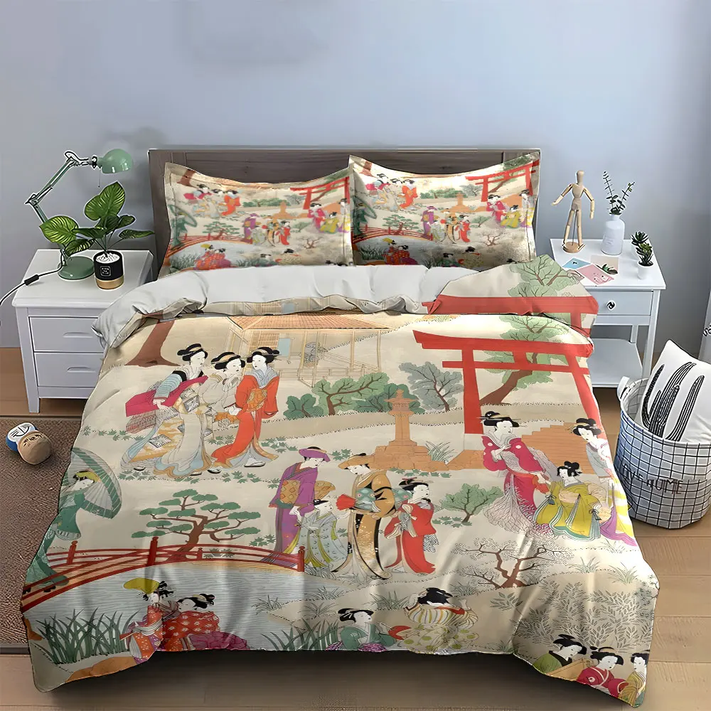 Elegant Japanese Garden Bedding Set 3pcs, Vintage Ukiyo-e Art Print Duvet Cover, Soft Cozy Bed Linens with Torii Gate Design 3