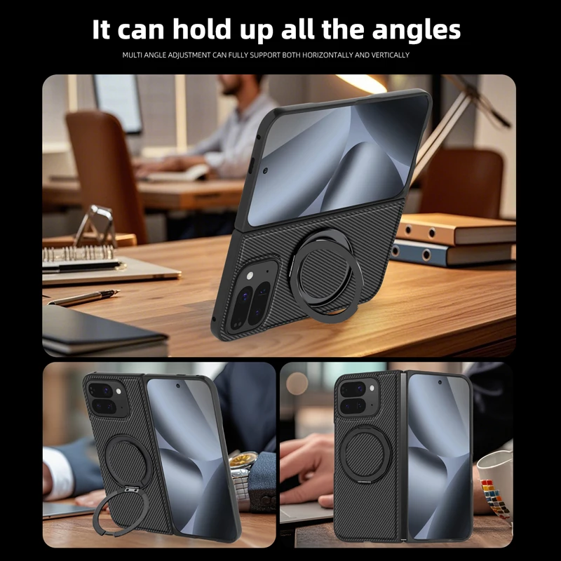 ELVEV Business Magnetic PU Leather Phone Cover with Carbon Fiber Texture and 360° Rotating Bracket
