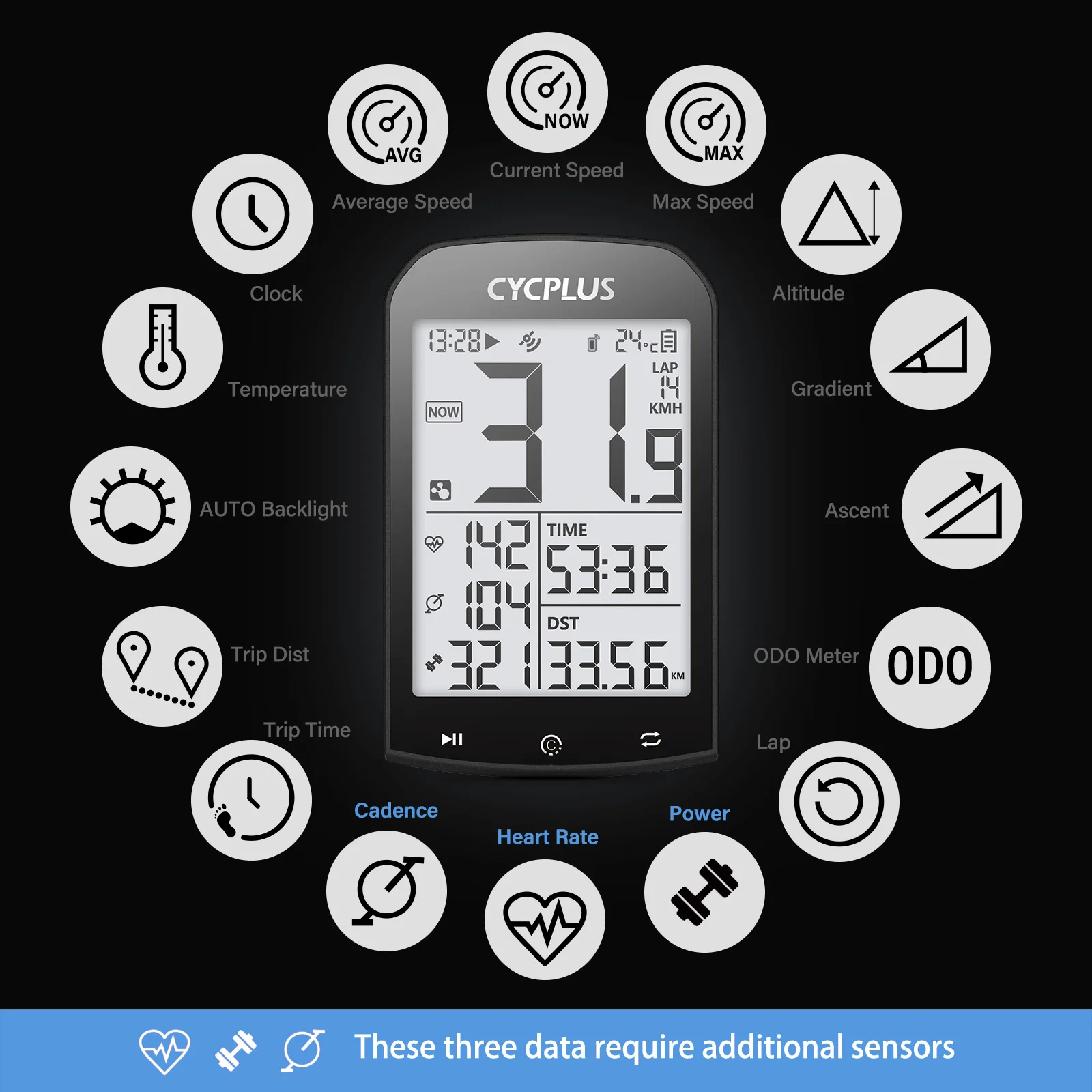 Ordinateur Vélo GPS CYCPLUS M1 Sans Fil Bluetooth/ANT+ Avec Capteurs