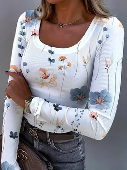 Elegant Full-Body Floral Print Square-Neck Long-Sleeve T-Shirt Fashionable Casual Top for Women 1
