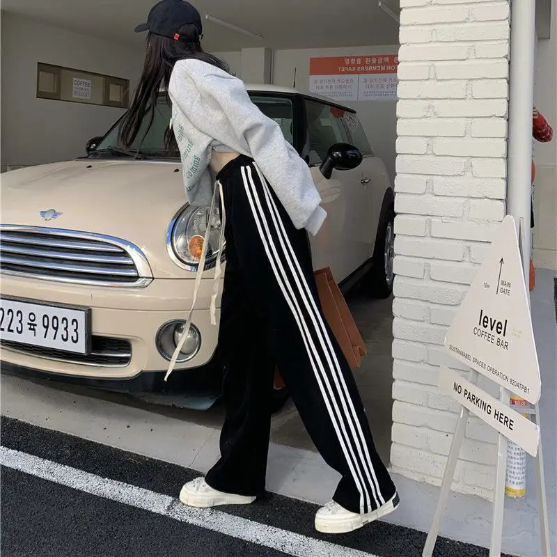 High Street Striped Drawstring Straight Pants Spring Summer High Waist Loose Patchwork Sports Pants Casual Trend Women Clothing
