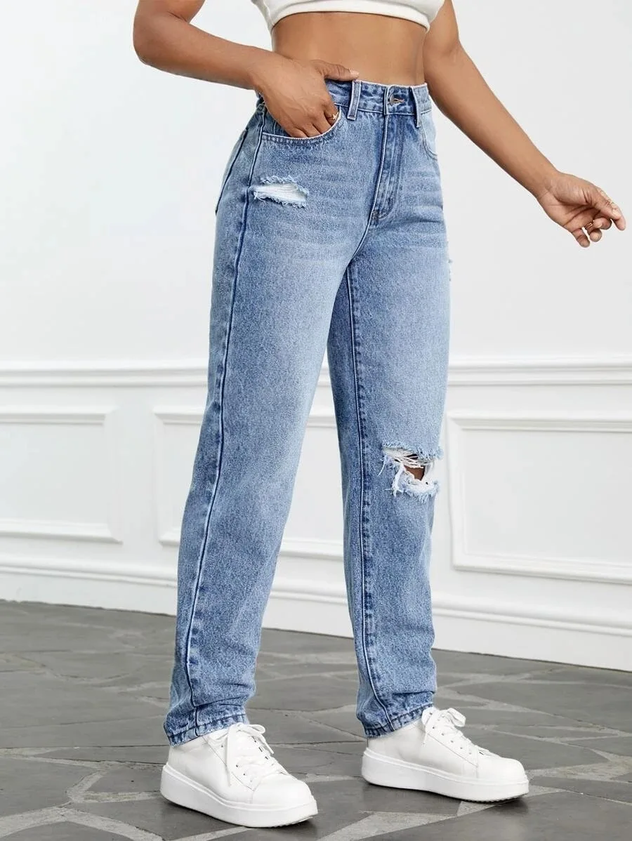 Jeans rasgado de cintura alta para mulheres, solto e fino, calças