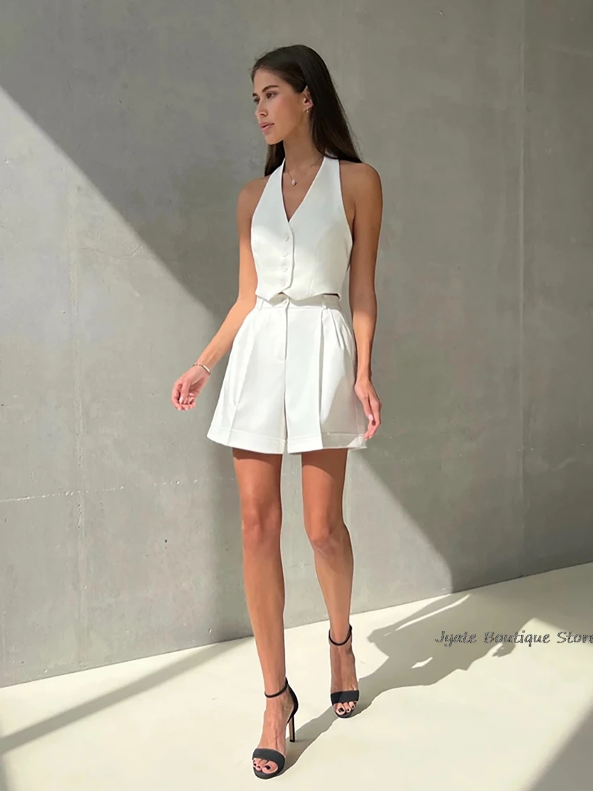 Summer New Commuter Sleeveless V-neck Hanging Neck Vest And Shorts Set 2024 Fashion Streetwear Tank Top French Two Piece Set