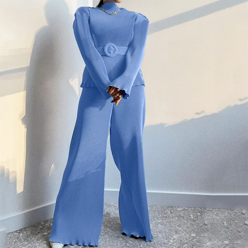 Women Suit 2022 New Spring Autumn New Long Sleeve Office Lady Solid O-Neck Pullover Elastic Waist Full Length 2 Piece Set Simple
