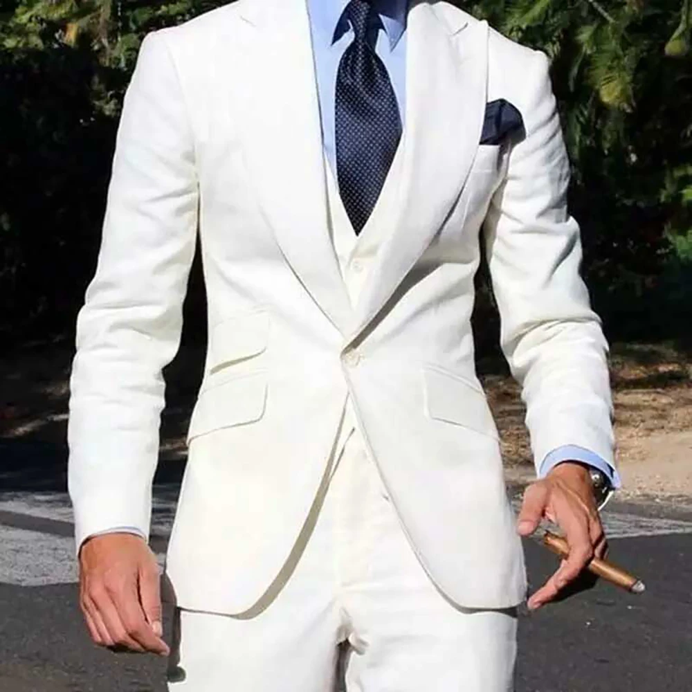 

White Wedding Suits For Men Slim Fit Fashion Three Piece Jacket Pants Vest Custom Made Casual Prom Party Terno Hombres