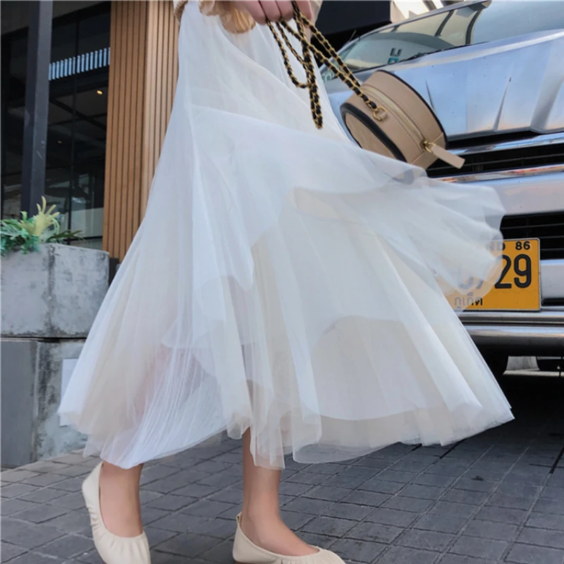

Elegant Skirt Lady Ankle-Length Tulle Korean Fashion Sweet Dress High Waist Fairycore Female Women Long Skirts