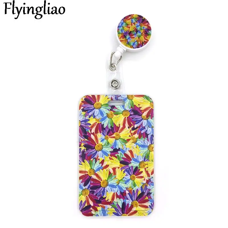 

Colorful Sunflower Rainbow Flowers Cute Card Cover Clip Lanyard Retractable Student Nurse Badge Reel Clip Cartoon ID Card Holder