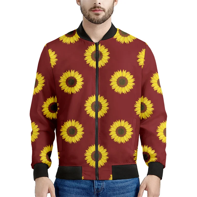 Chaqueta con cremallera y estampado de girasoles y plantas multicolor para hombre, sudaderas con estampado floral en 3D, chaquetas de calle de manga larga de gran tamaño