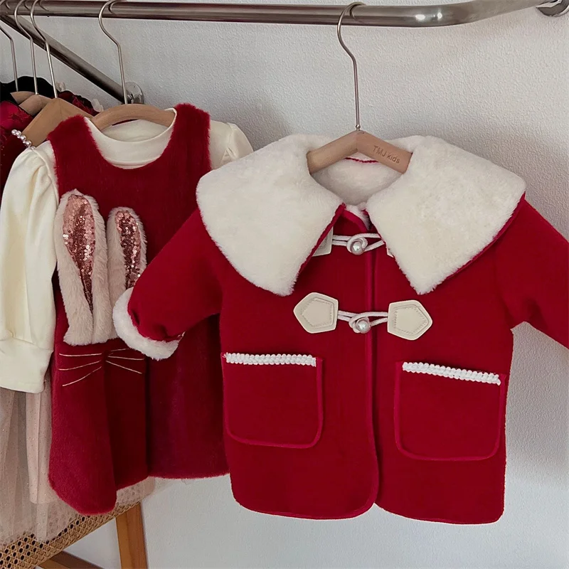 Meisjes Kinderen Wollen Jas Overjas 2023 Rood Warm Thicken Winter Katoenen Winddicht Plus Size Kinderkleding