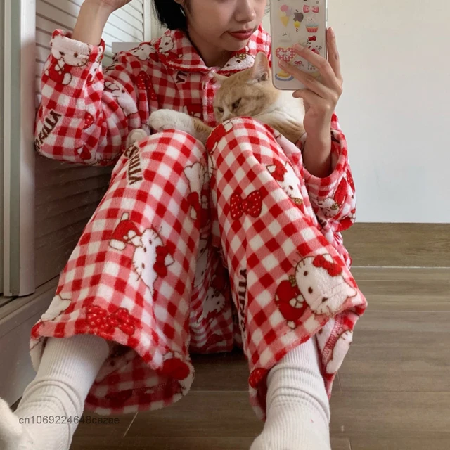 Sanrio Hello Kitty Pajamas Pants Kawaii Pijama Y2K Pyjama Pink Fluffy Suit  Long-Sleeved Trousers Onesize Cardigan Outfit Women 