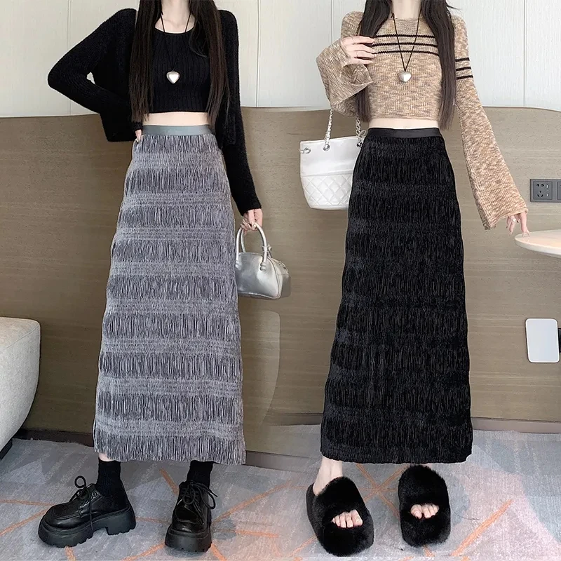 

2023 New Spring Autumn Stylish Gold Velvet Pleated Wrapped Hip Skirt Women Clothes Elasticity High Waist Straight Long Skirts 74