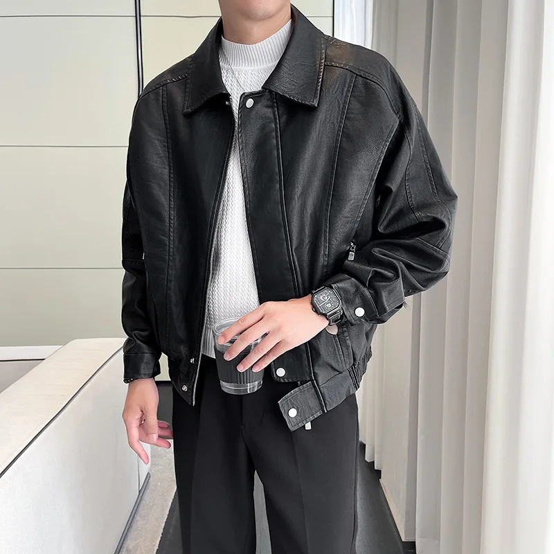 2023 winter short pu leather with plush thick coat men's autumn  trendy brand loose luxurious pilot motorcycle jacket