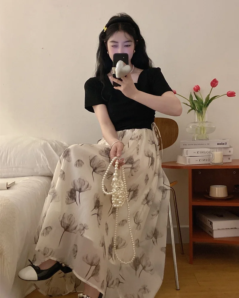 A 라인 드레스 여름 여성 틈새 디자인 감각을위한 투피스 환상 슬리밍 허리 장착 드레스 