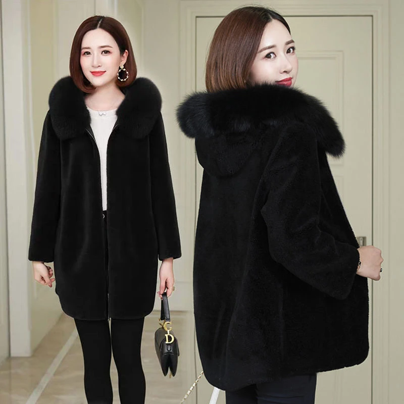 Hooded Fur Collar Faux Lambwool Furs Jackets Thicken Winter Mom's Coats Elegant Warm Women Jaqueta Loose Fleece Furry Overcoat