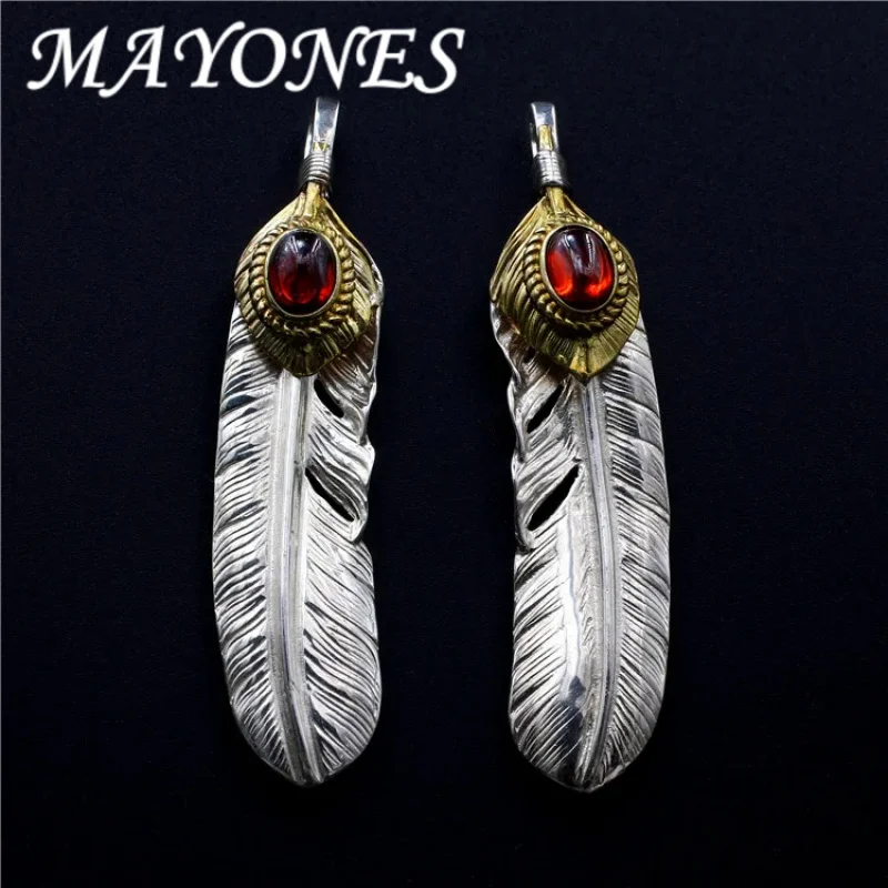 

S925 Sterling Silver Jewelry Retro Thai Silver Men's and Women's Red Turquoise Feather Pendant Sweater Pendant