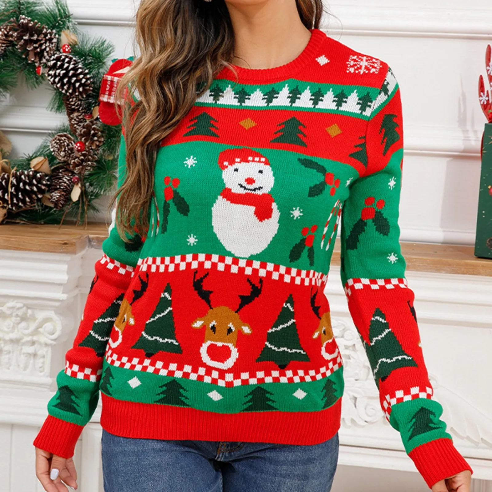 

Women's Fashion Christmas Sweater Contrast Snowman And Deer Cartoon Jacquard Long Sleeve Round Neck Women Long Oversized Sweater