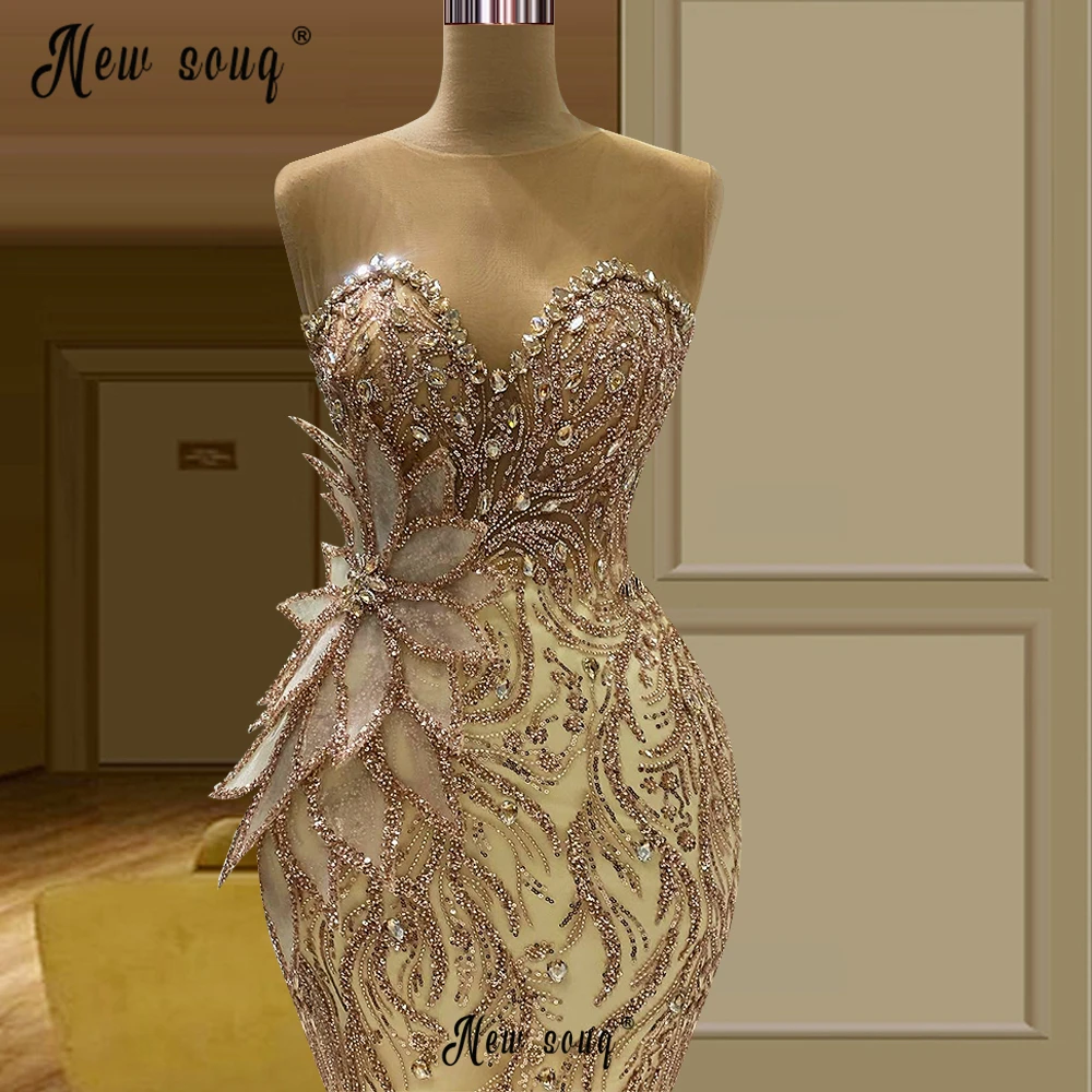 

New Gold Party Dress 3D Leaf Appliqued Arabic Evening Dress Sparkly Beaded Mermaid Formal Prom Dresses Vestido De Noiva