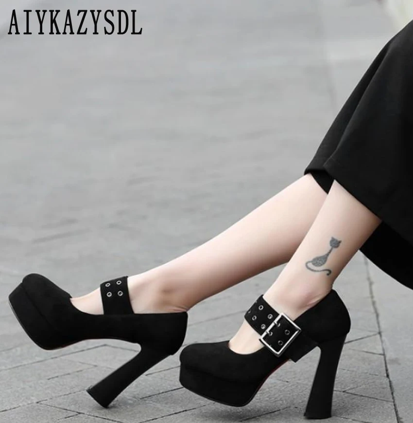 

AIYKAZYSDL Mary Jane Pumps Round Toe Women Pumps Stripper Shoes PU Leather/ Flock Thick Block High Heel Shoes Spring Plus Size
