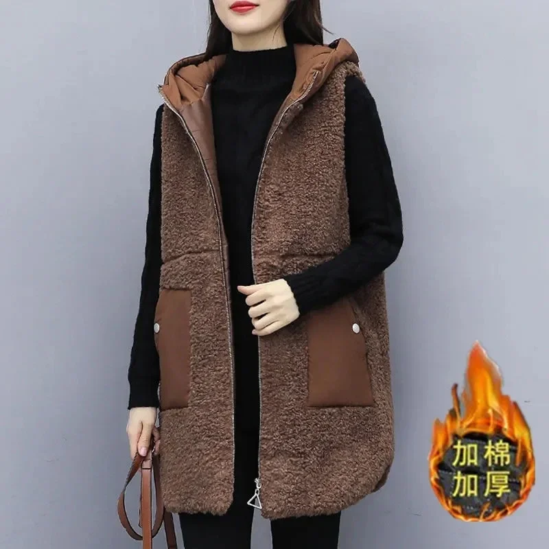 Imitation Lamb Hair Vest Women Autumn Winter Wear 2024 New Fashion Mid-Length Thick Plush Loose Cotton Waistcoats Jacket