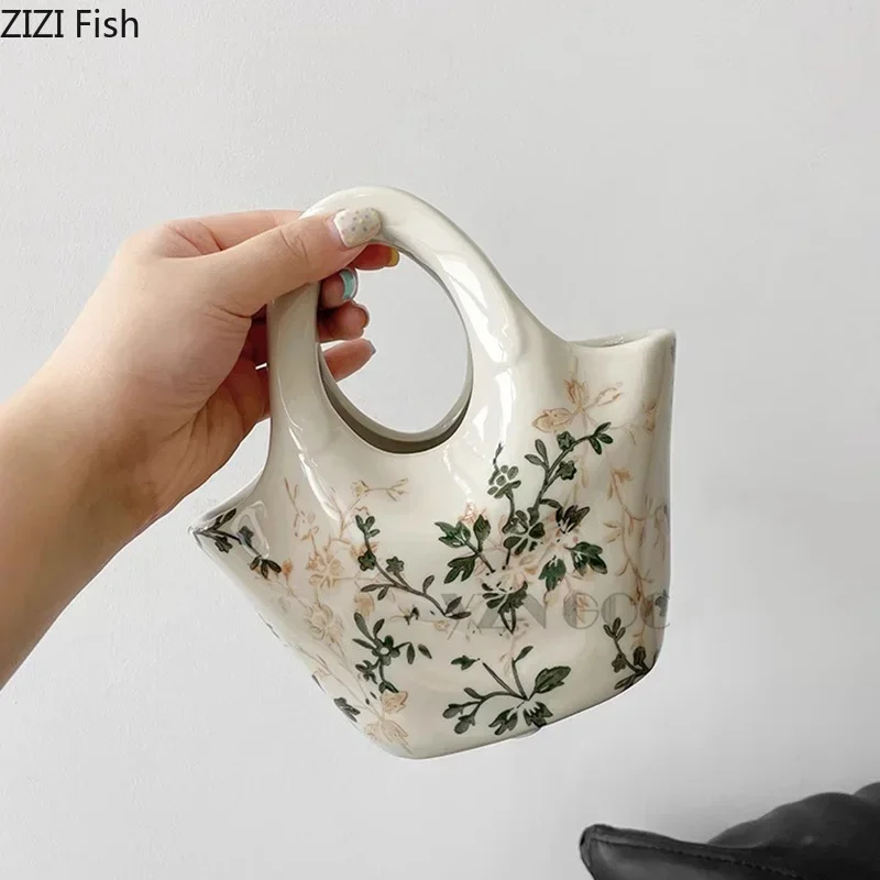Flower Texture Ceramic Vase Handbag Shaped Flower Pots Desk Decoration Flower Arrangement Floral Vases Room Aesthetic Decor 3