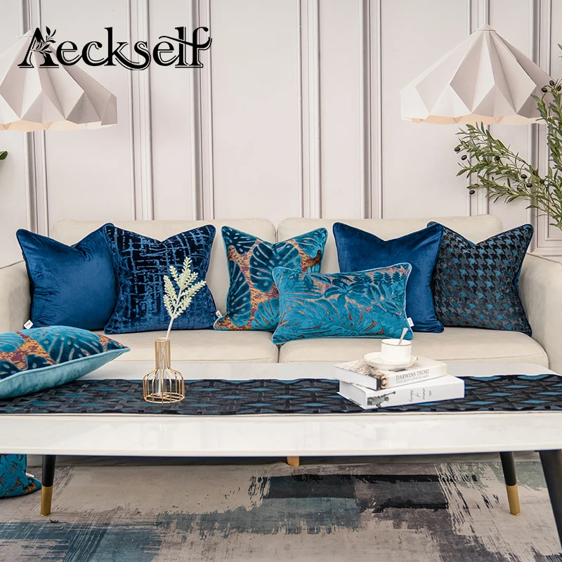 Aeckself Luxury Flowers Leaves Pattern Cut Velvet Cushion Cover Home Decor Navy Blue Throw Pillow Case Pillowcase for Couch