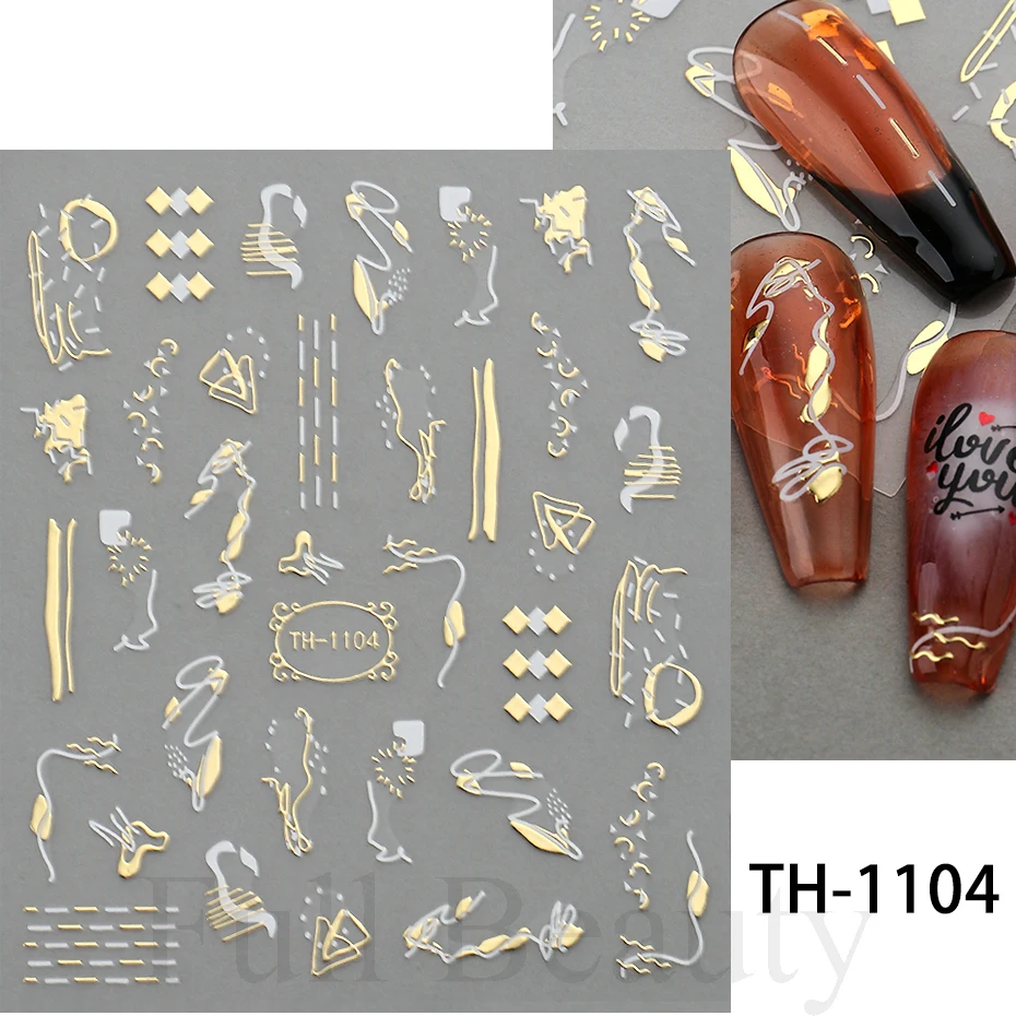 Nail Stickers 3D Golden Wave Line Nail Sticker Marble Blue Geometry Abstract Flowers Nail Art Sliders Decals Foils Manicure Decorations