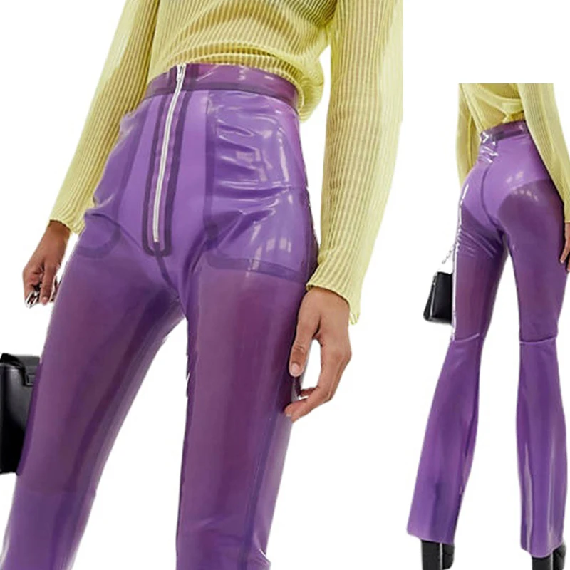 Sexy Transparent High Elastic Waist Flare Pants Latex Leggings flared legs front zipper pink and black Bell Rubber Bottom Pants