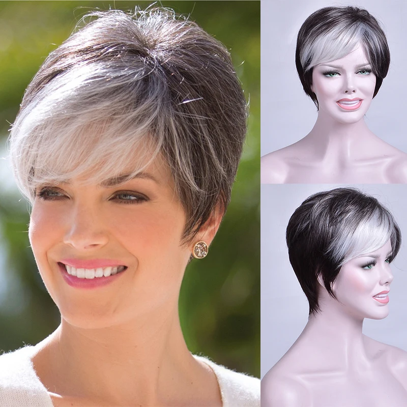 Cute Short Hair Synthetic Wigs with Bangs Soft Grey To Black Mommy Hair Ombre Hairstyle Party Daily Wigs for Women