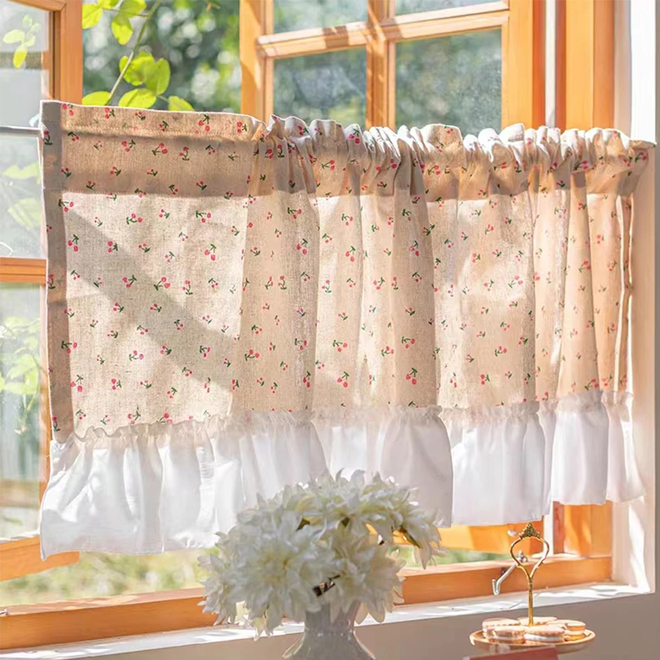 

Korean Cherry Curtains Road Pocket Shade Curtain Floral Tassel for Kitchen Bedroom Living Room Bay Window Cabinet Curtain