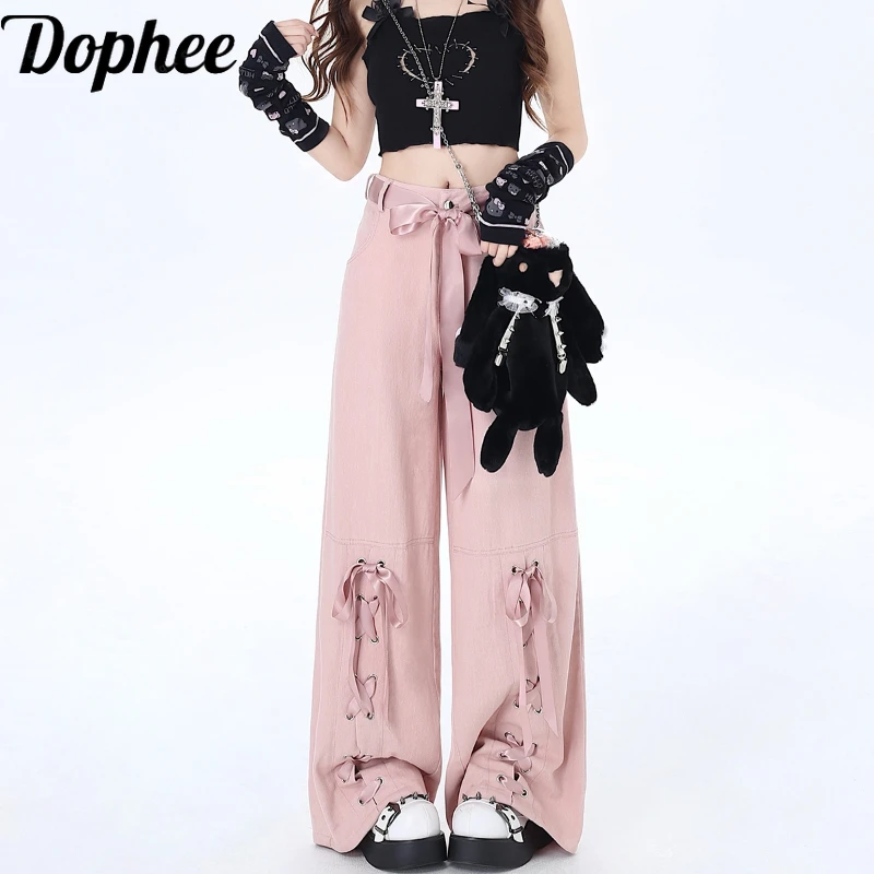 dophee-original-dopamine-girls-pink-straight-pants-new-spring-summer-cute-lace-up-bow-pantaloni-cargo-casual-a-vita-alta-lunghezza-del-pavimento