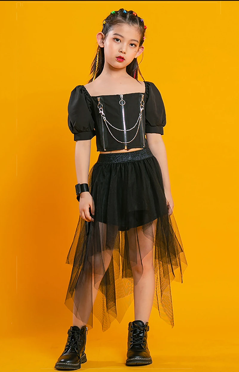 Kids Punk Streetwear Jazz Costume Girls Hip Hop Clothing Crop Top Cargo Pants Neck Mesh Skirt Sets Teenage Street Dance Clothes