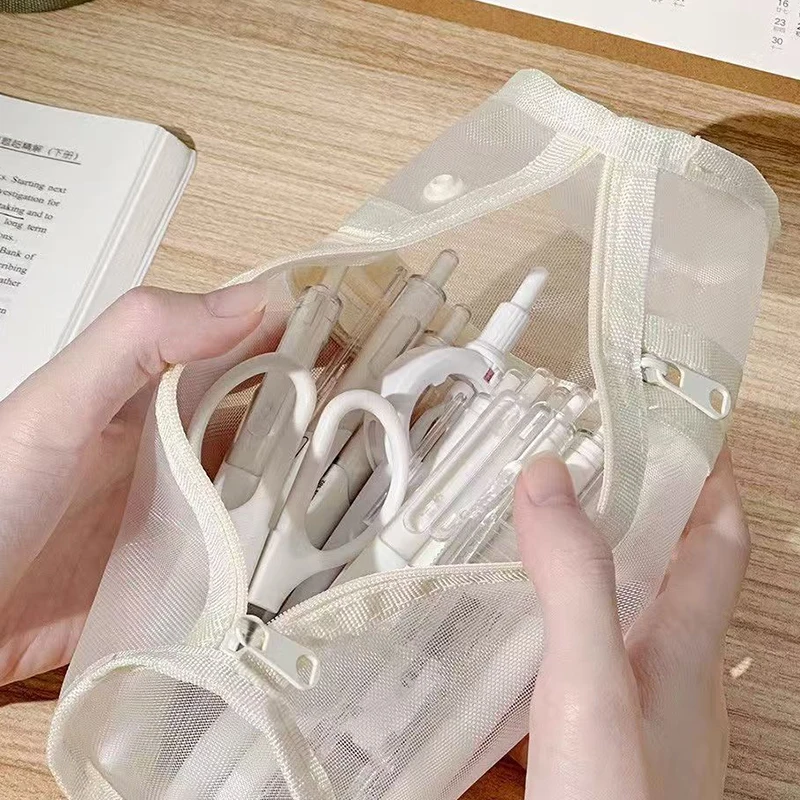 1Pcs 메쉬 연필 케이스 투명 편지지 가방 학교 학생을위한 휴대용 펜 가방 Office 편지지 주최자 스탠딩 펜 홀드