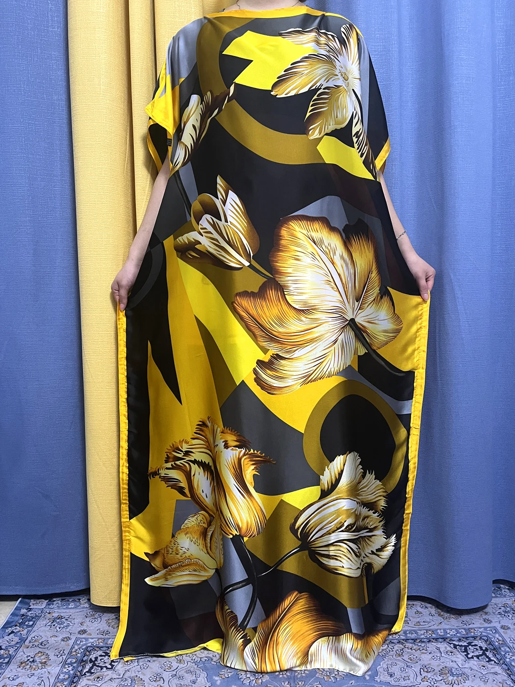 Abayas For Women 2023 Muslim Fashion Yellow Flower Silk Fabric Loose Femme Robe African Islam Dresses Nigeria Caftan With Turban