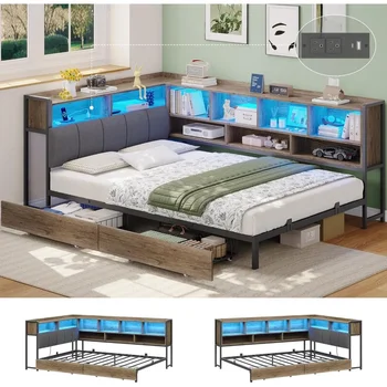 Corner Bed Frame with Bookcase Storage,Twin Bed Frames with Storage Drawers&Led Lights,Platform Bed Frame Twin,Metal Daybed,Corn