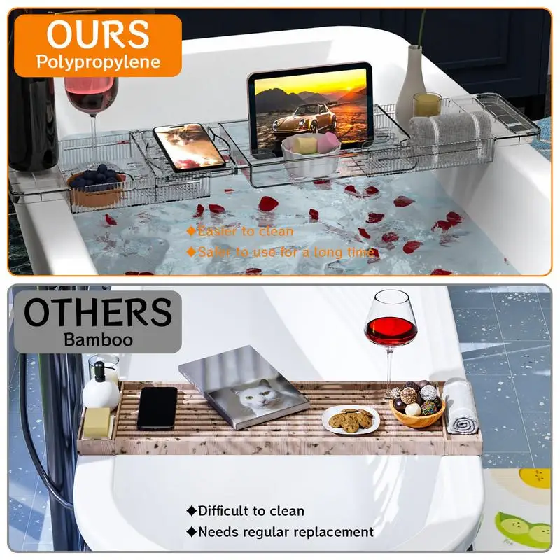 Bathtub Table Clear Anti-Tipping Bath Tray Organizer Multi-Functional Glass Tray Spacious Bathtub Organizer For Tablets Candles