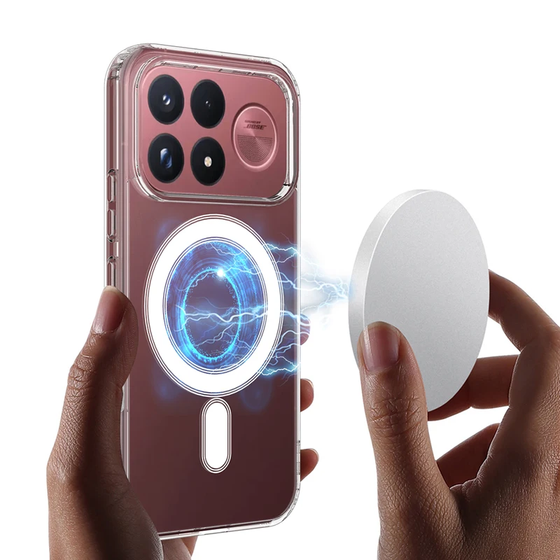 Magnetic Shockproof Clear Back Cover - Soft TPU + Hard PC, Transparent Phone Case