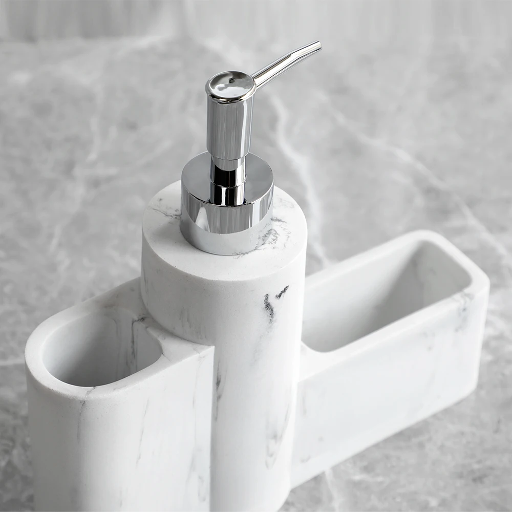Kitchen Soap Dispenser Marble Look Liquid Hand Dish Soap Dispenser Pump Bottle Sink Dish Washing brush Sponge Holder 3 in 1