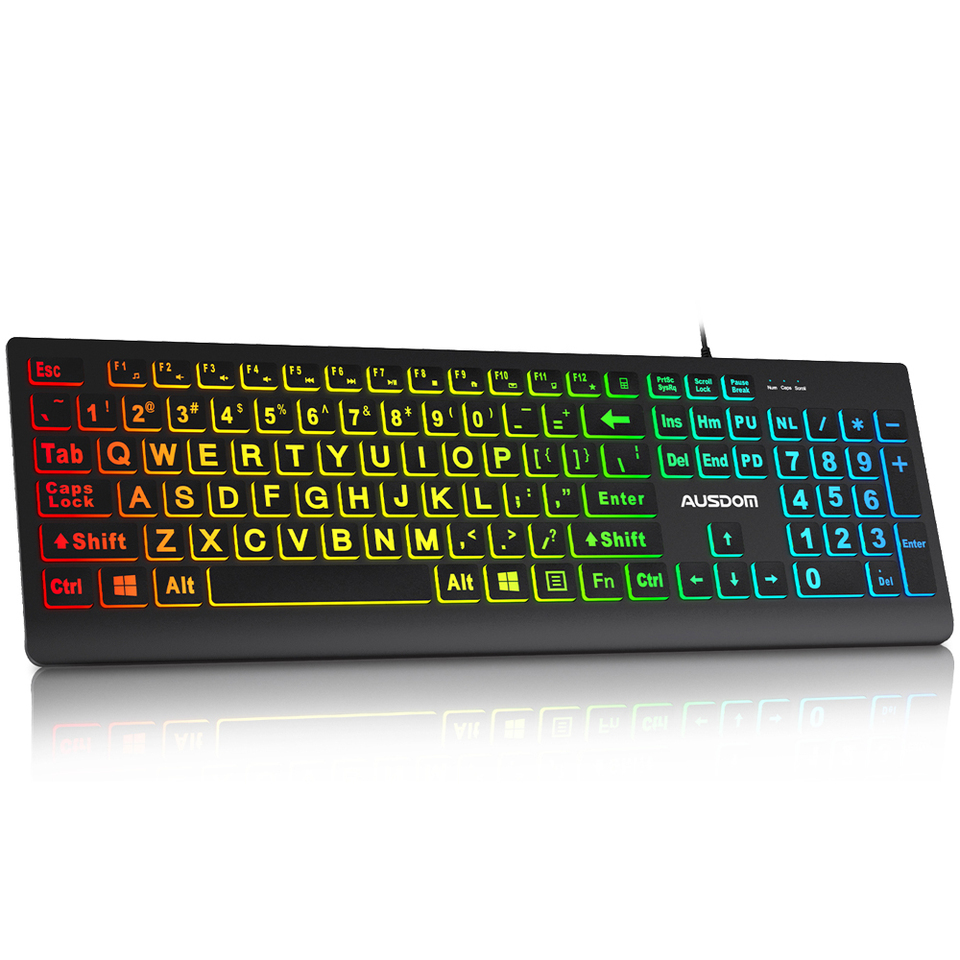 AUSDOM Y3 Wired Backlit Keyboard Spill Resistant Design 106 Keys Wired Keyboard Large Fonts Office Keyboard For Windows,MacOS