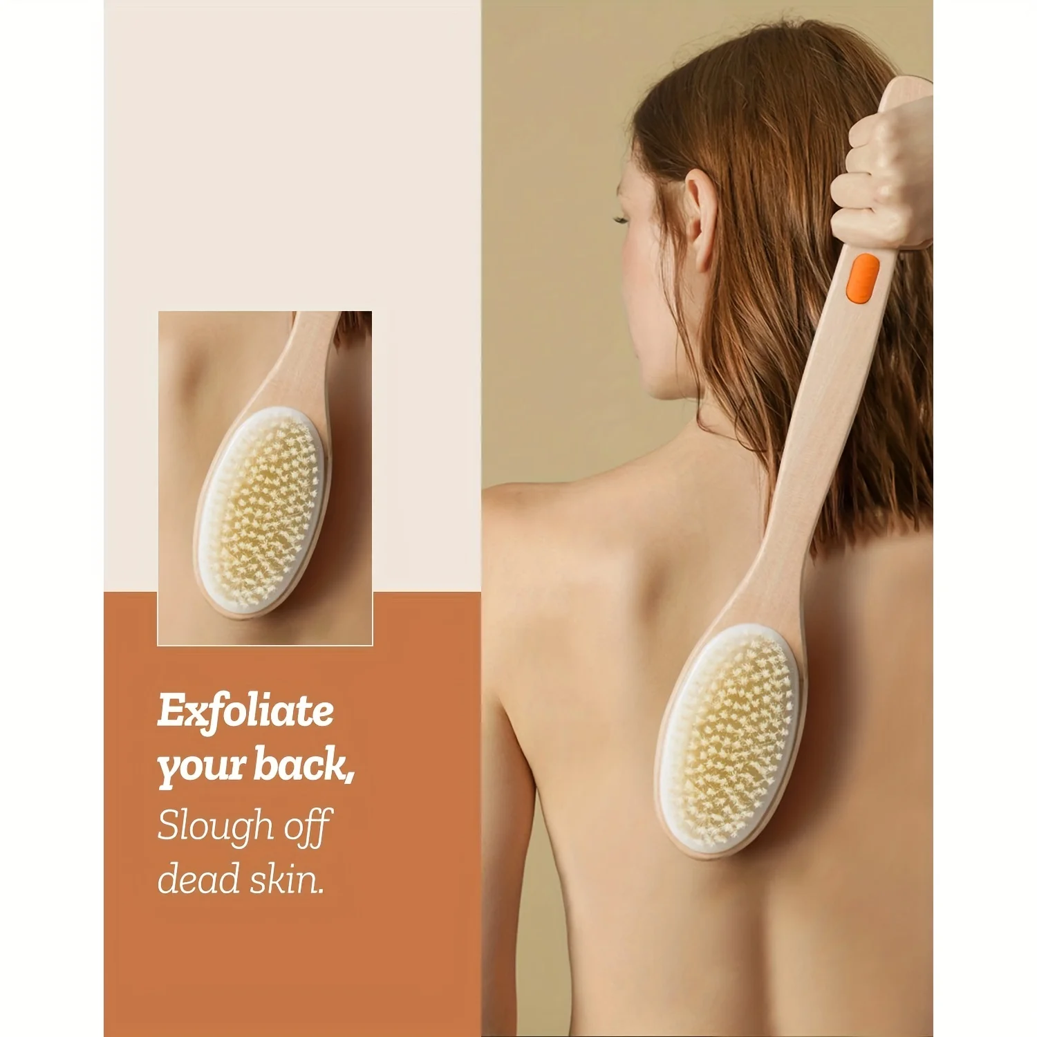 Exfoliating Back Scrubber & Massage Shower Brush for Lazy Skin Care, Natural Wooden Body Scrub Tool