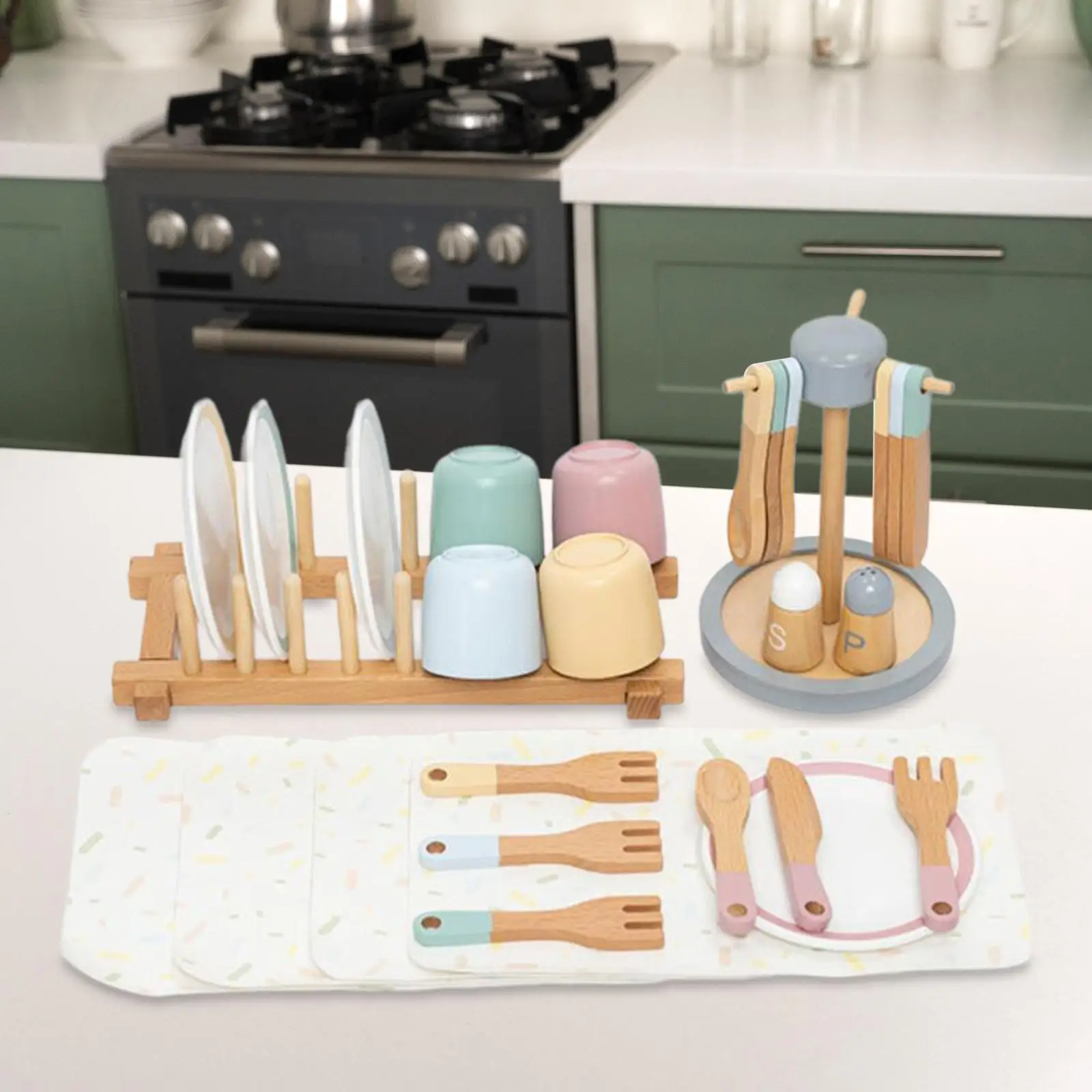 Wooden Toy Plates Dishes Play Cutlery Plate Set Color Matching Cups Wooden Toy Tableware Play Dishes for Kids for Age 3 4 5 6 3