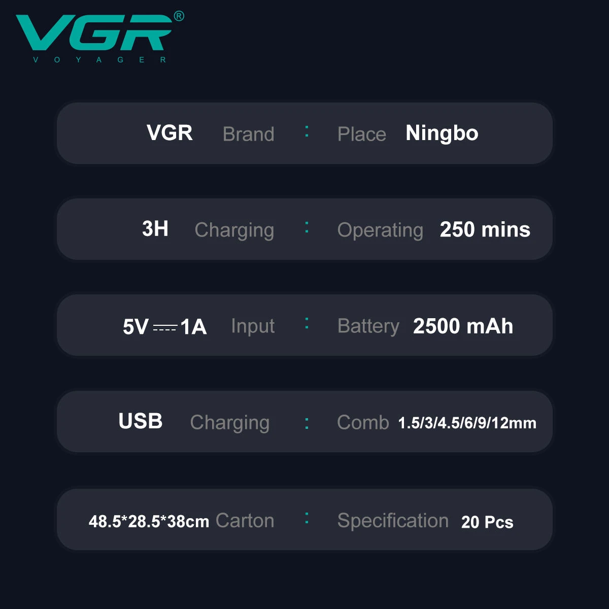 Hair Clipper VGR Professional Cordless Electric 9000RPM Trimmer Cutting Machine for Men V-003