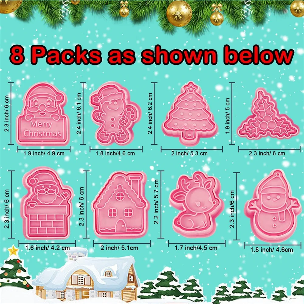8 PCSChristmas Cookie Molds Christmas Dough Stamps Plastic 3D Cartoon Pressable Cookie Molds DIY Candy Baking Pastry Decoration